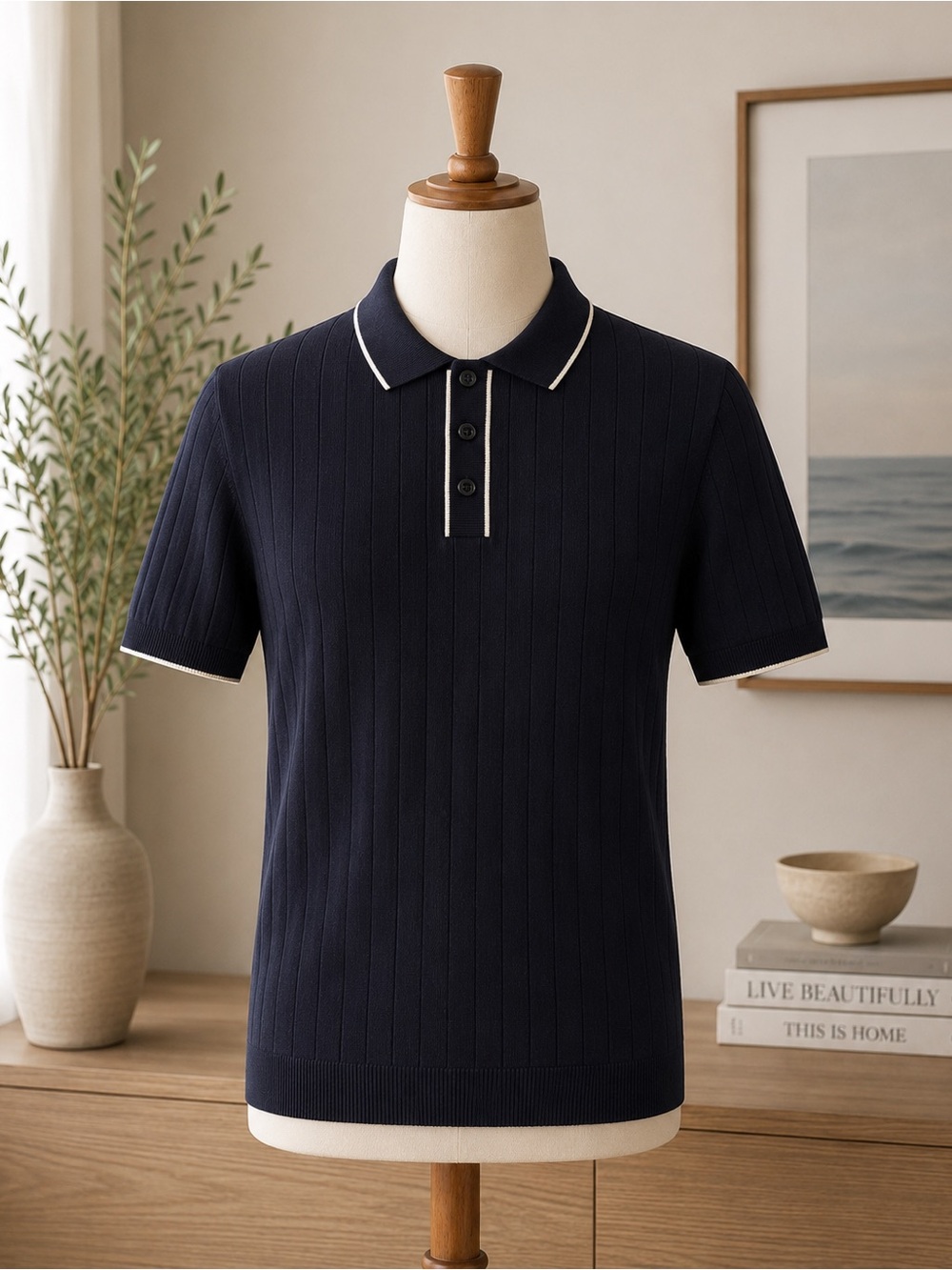 Express Men’s Large Ribbed Knit Sweater Golf Polo Navy White Trim 100% Cotton